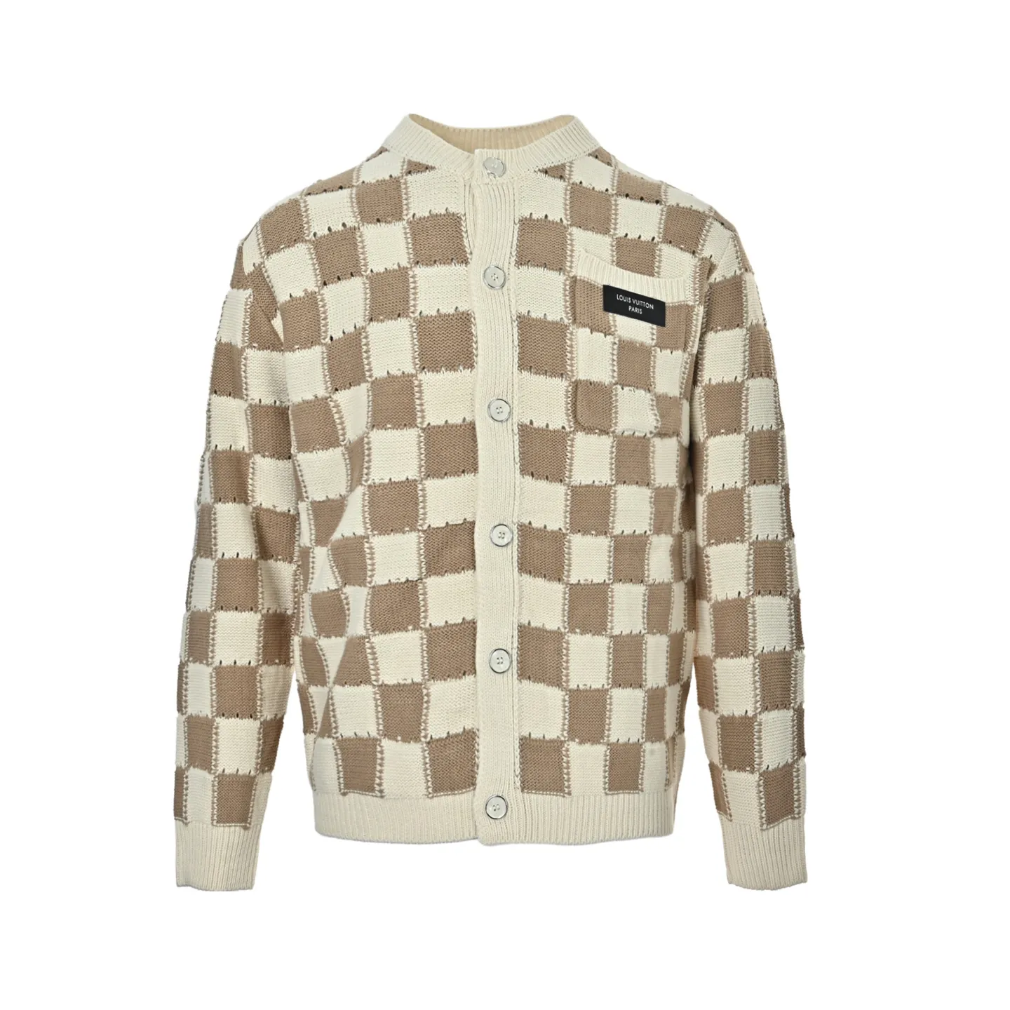 Louis Vuitton/Louis Vuitton Khaki Cream White Checkerboard Hollow Round Neck Knitted Cardigan